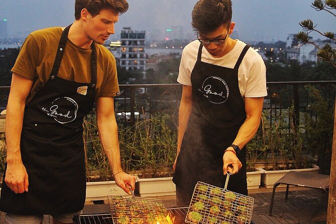 Authentic Bun Cha Hanoi making - with skyline view of Westlake - Reaching the West Lake rooftop kitchen