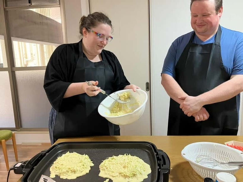 Osaka : Cooking Class Okonomiyaki & Takoyaki course in Nanba - Eating what you made, with a drink beside it