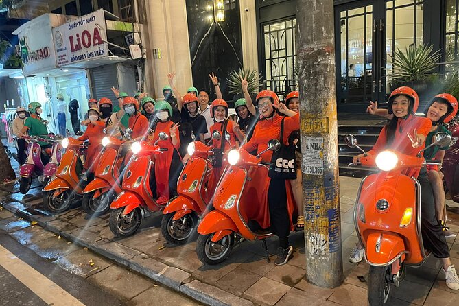 Vespa Female Ao Dai riders Night Street Food + See Train Street - Hanoi Opera House and a first round of street food
